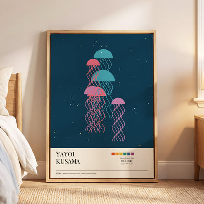 Jellyfish Constellation, blue, pink, beige nature wall art displayed in a styled interior, gallery view 6