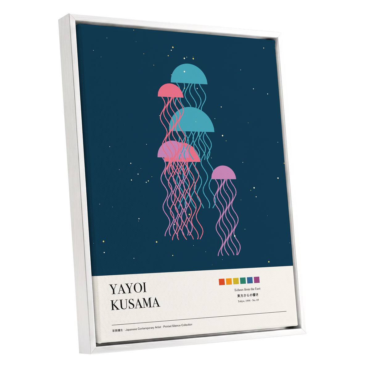Jellyfish Constellation, blue, pink, beige nature wall art shown as a white framed canvas wall art