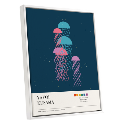 Jellyfish Constellation, blue, pink, beige nature wall art shown as a white framed canvas wall art
