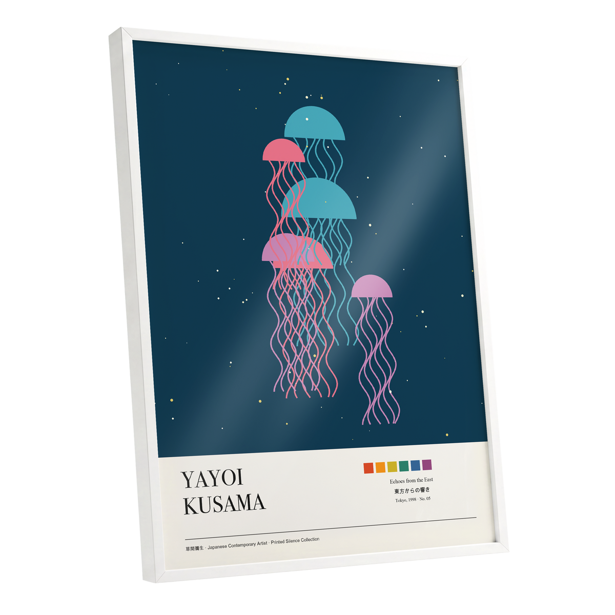 Jellyfish Constellation, blue, pink, beige nature wall art shown as a white framed poster wall art print