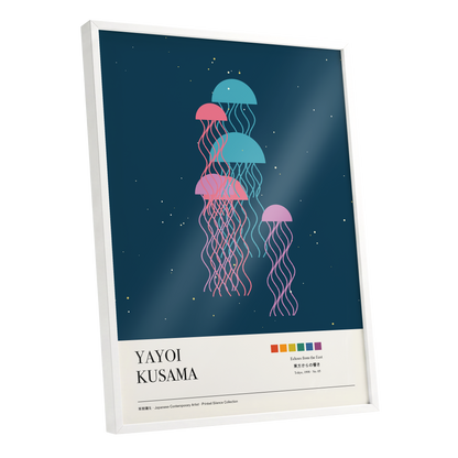 Jellyfish Constellation, blue, pink, beige nature wall art shown as a white framed poster wall art print