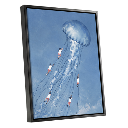 Jellyfish Skyride, blue, white, pink nature wall art shown as a black framed canvas wall art