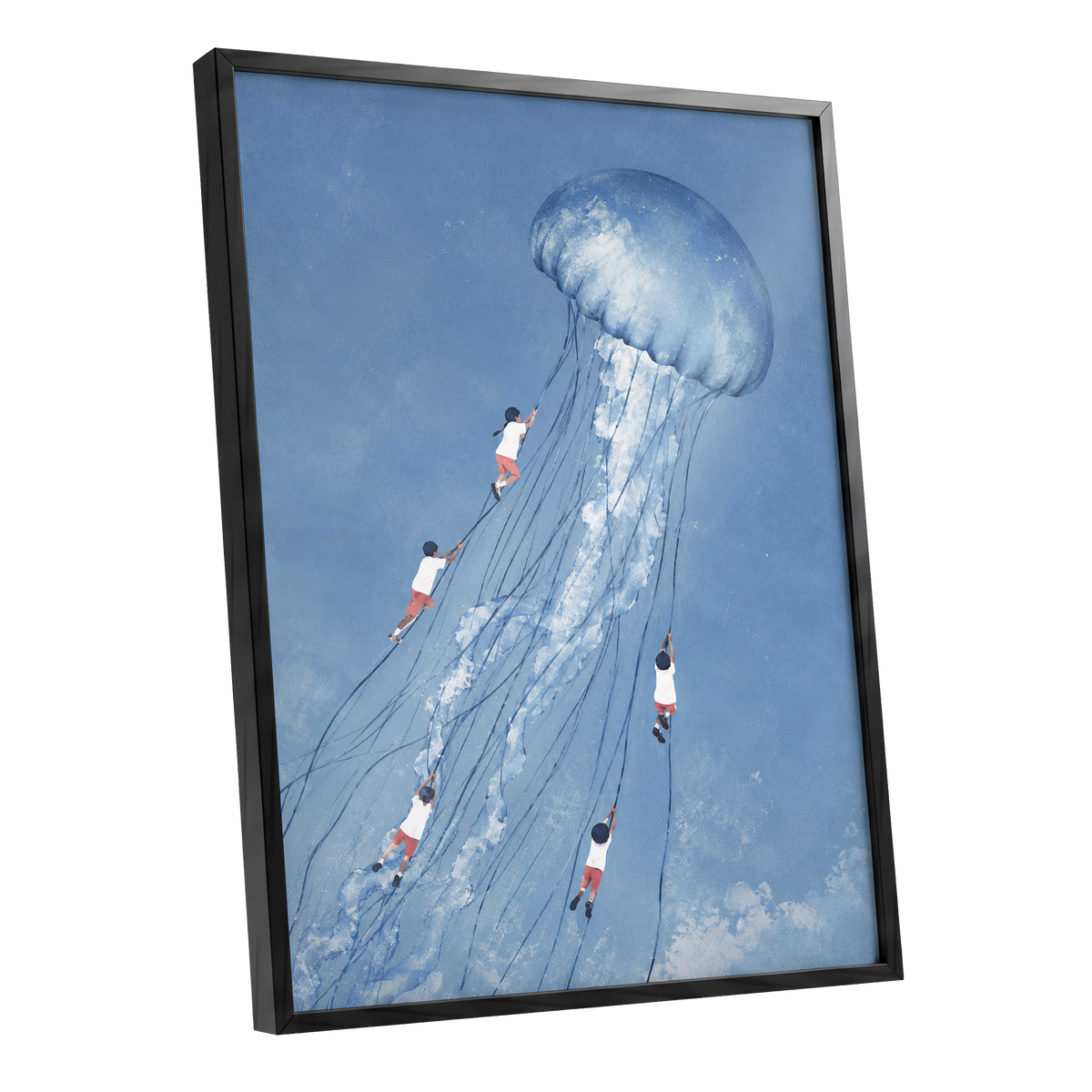 Jellyfish Skyride, blue, white, pink nature wall art shown as a black framed poster wall art print