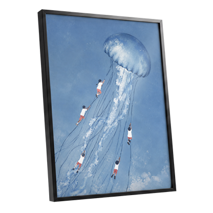 Jellyfish Skyride, blue, white, pink nature wall art shown as a black framed poster wall art print