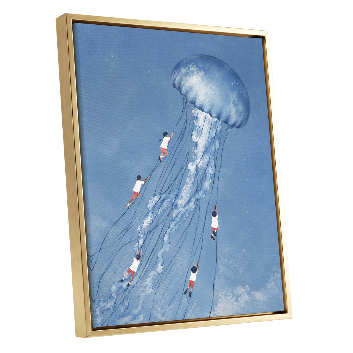 Jellyfish Skyride, blue, white, pink nature wall art shown as a gold framed canvas wall art