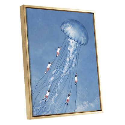 Jellyfish Skyride, blue, white, pink nature wall art shown as a gold framed canvas wall art