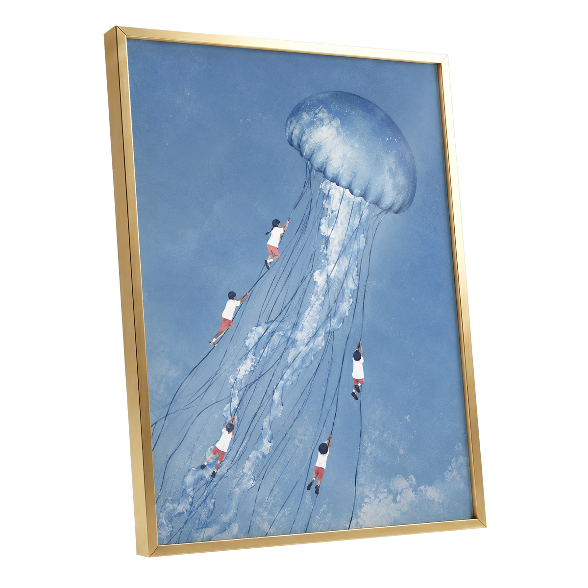 Jellyfish Skyride, blue, white, pink nature wall art shown as a gold framed poster wall art print