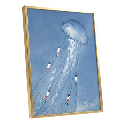 Jellyfish Skyride, blue, white, pink nature wall art shown as a gold framed poster wall art print