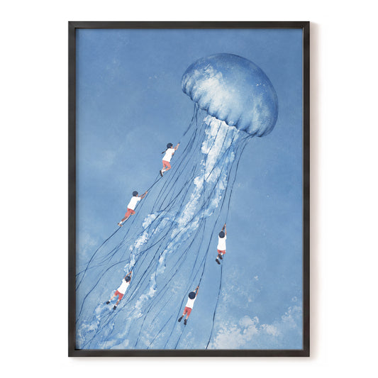 Jellyfish Skyride, blue, white, pink nature wall art, front artwork view