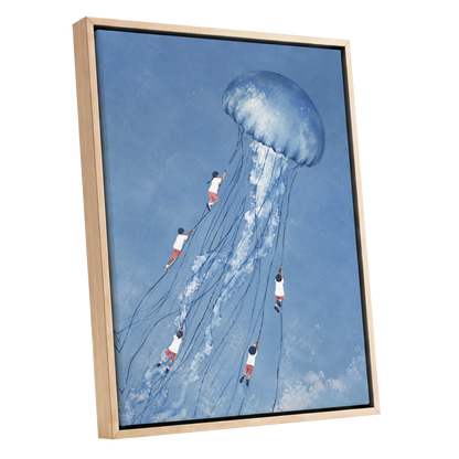 Jellyfish Skyride, blue, white, pink nature wall art shown as a oak framed canvas wall art
