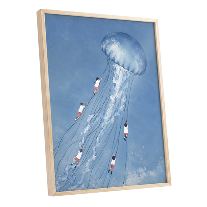 Jellyfish Skyride, blue, white, pink nature wall art shown as a oak framed poster wall art print