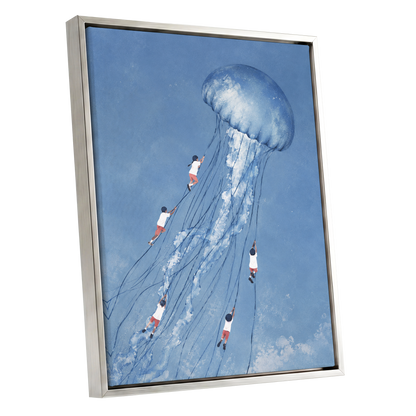 Jellyfish Skyride, blue, white, pink nature wall art shown as a silver framed canvas wall art
