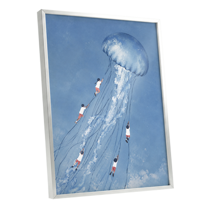 Jellyfish Skyride, blue, white, pink nature wall art shown as a silver framed poster wall art print