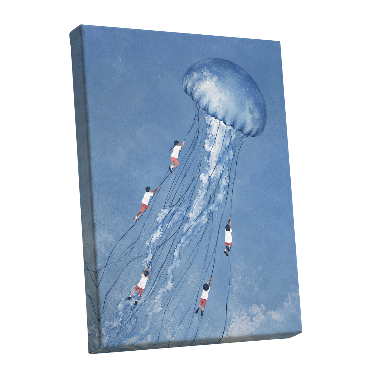 Jellyfish Skyride, blue, white, pink nature wall art shown as a stretched canvas wall art