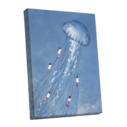 Jellyfish Skyride, blue, white, pink nature wall art shown as a stretched canvas wall art