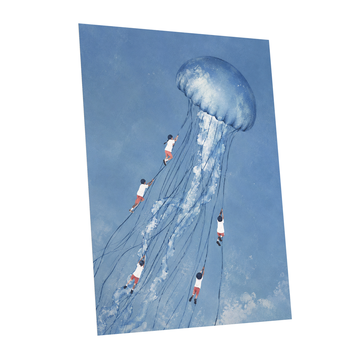 Jellyfish Skyride, blue, white, pink nature wall art shown as a unframed poster wall art print