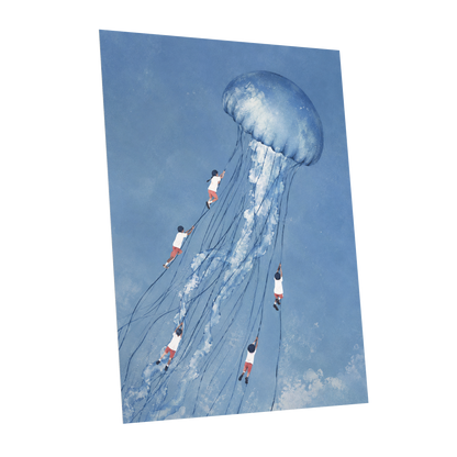 Jellyfish Skyride, blue, white, pink nature wall art shown as a unframed poster wall art print