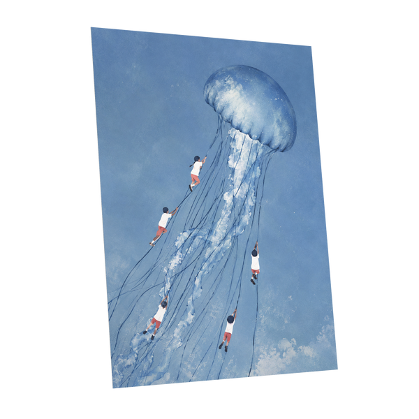 Jellyfish Skyride, blue, white, pink nature wall art shown as a unframed poster wall art print