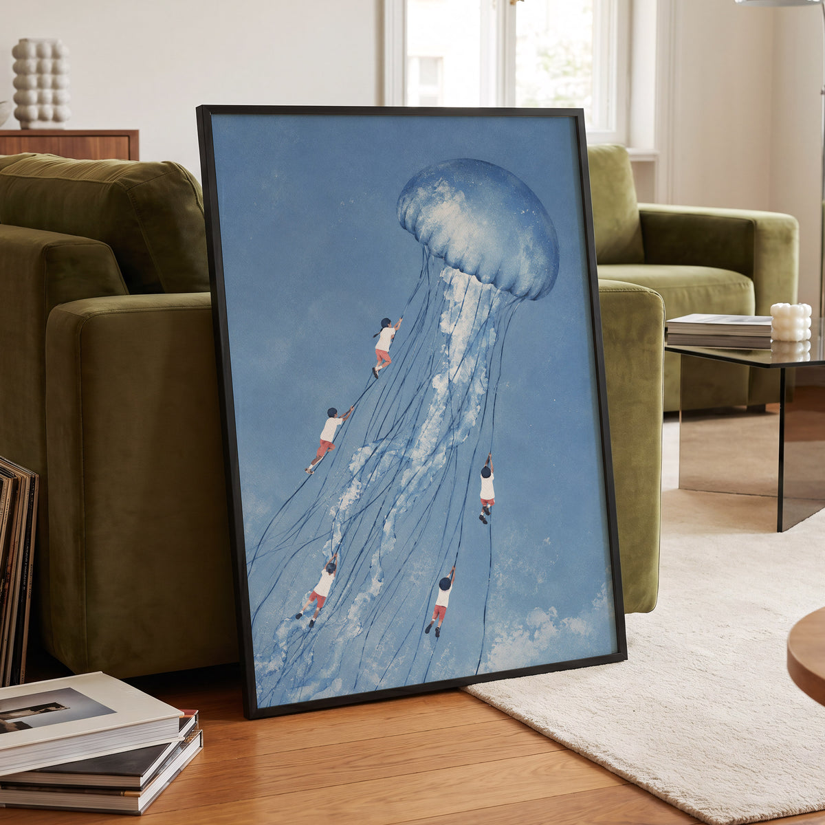 Jellyfish Skyride, blue, white, pink nature wall art displayed in a styled interior, gallery view 2