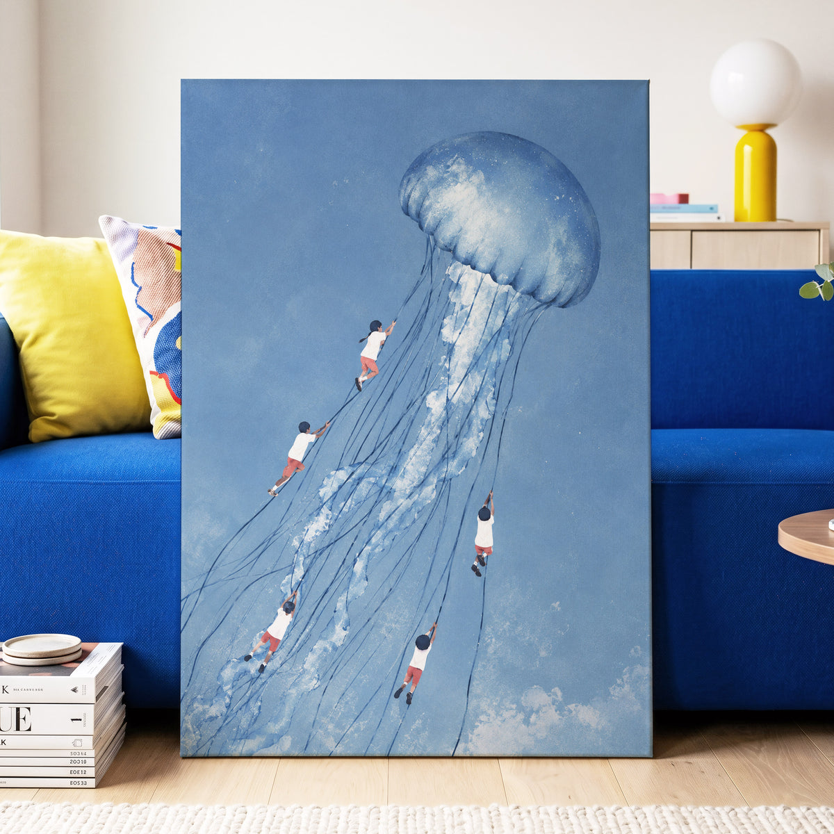Jellyfish Skyride, blue, white, pink nature wall art displayed in a styled interior, gallery view 3