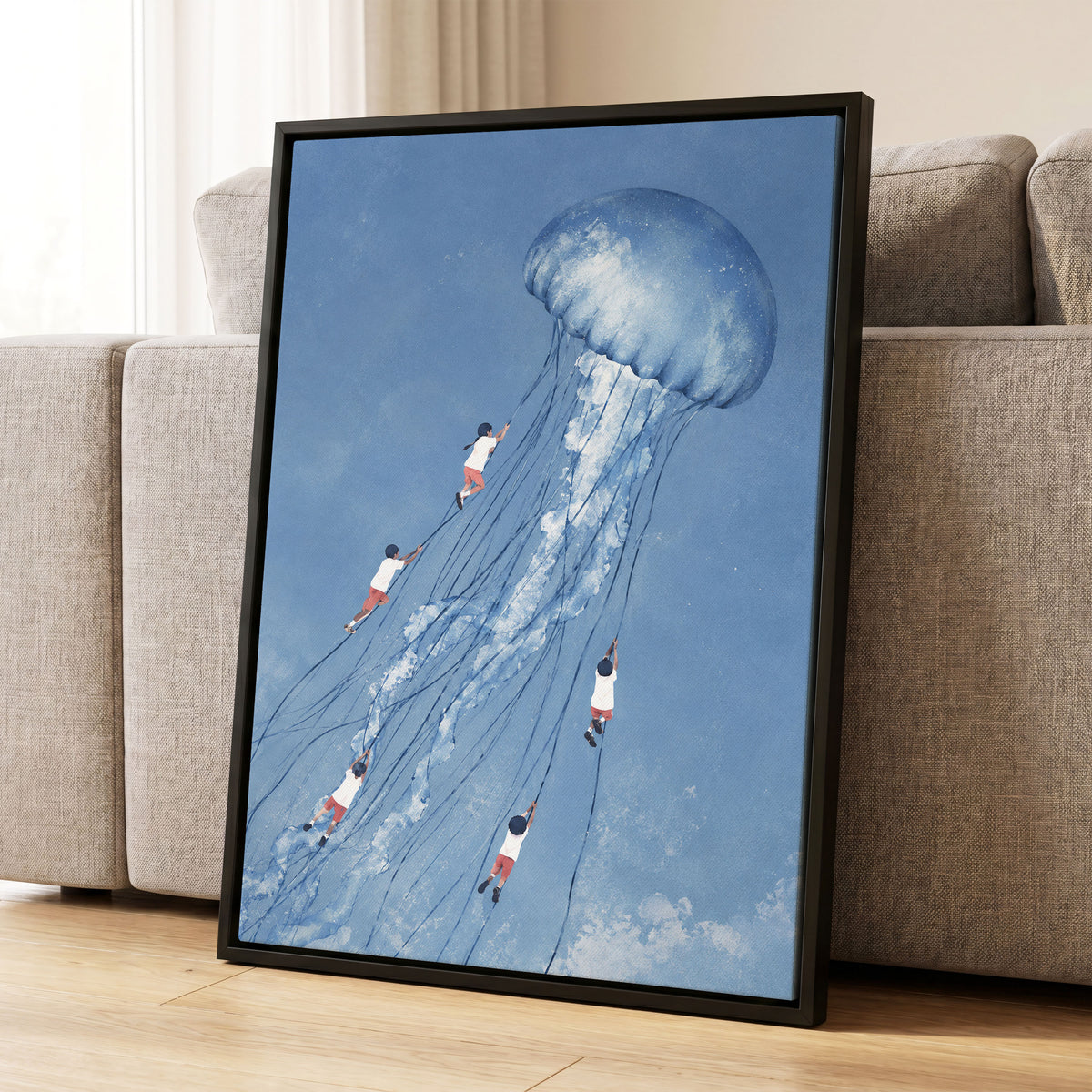 Jellyfish Skyride, blue, white, pink nature wall art displayed in a styled interior, gallery view 4