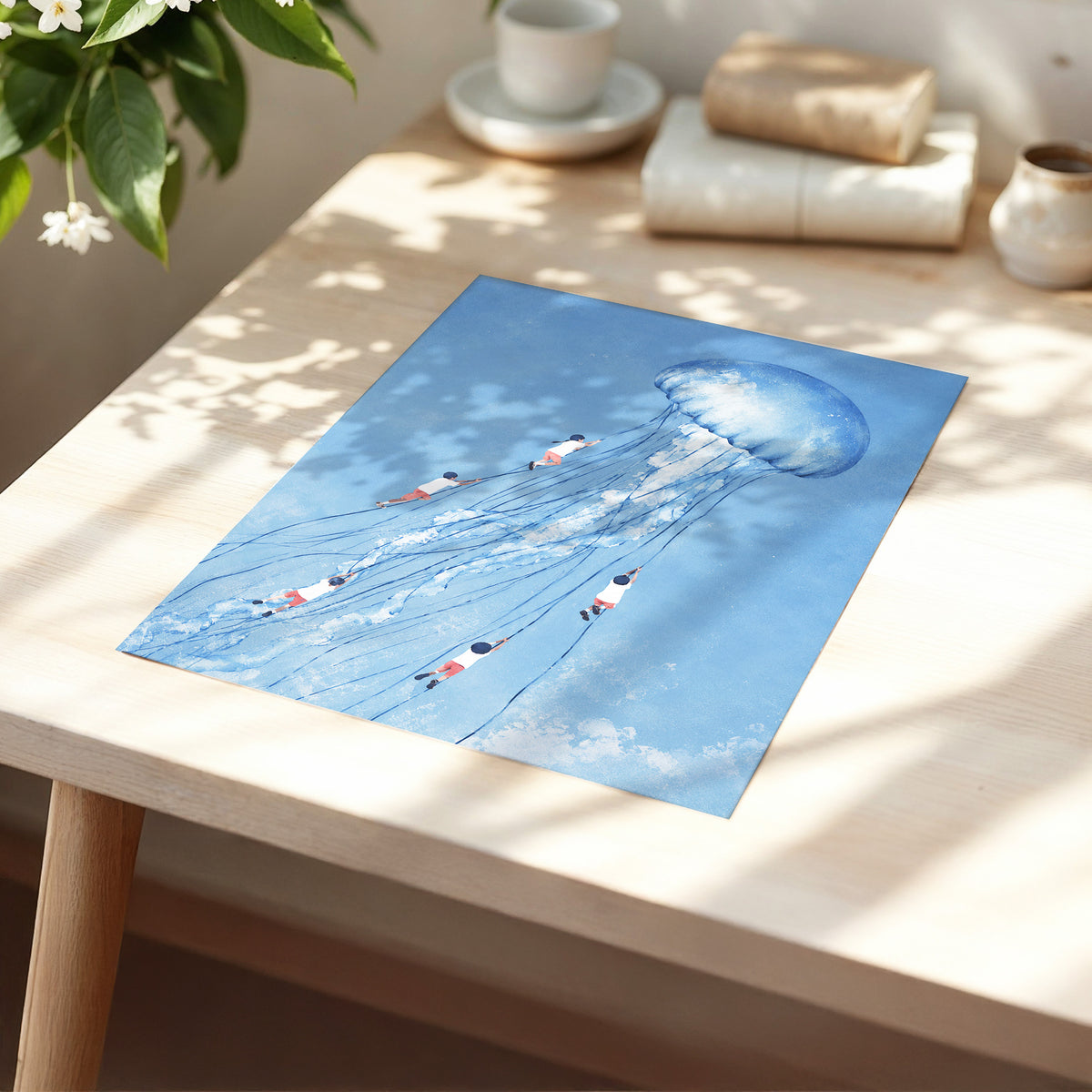 Jellyfish Skyride, blue, white, pink nature wall art displayed in a styled interior, gallery view 5