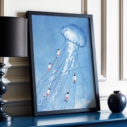 Jellyfish Skyride, blue, white, pink nature wall art displayed in a styled interior, gallery view 6