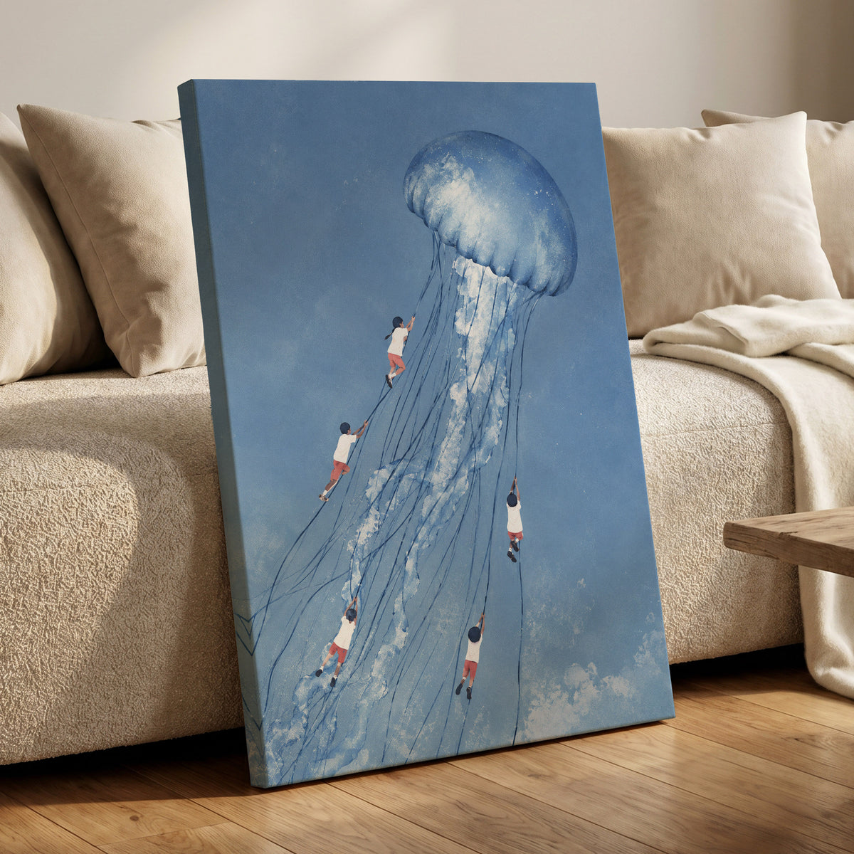 Jellyfish Skyride, blue, white, pink nature wall art displayed in a styled interior, gallery view 7