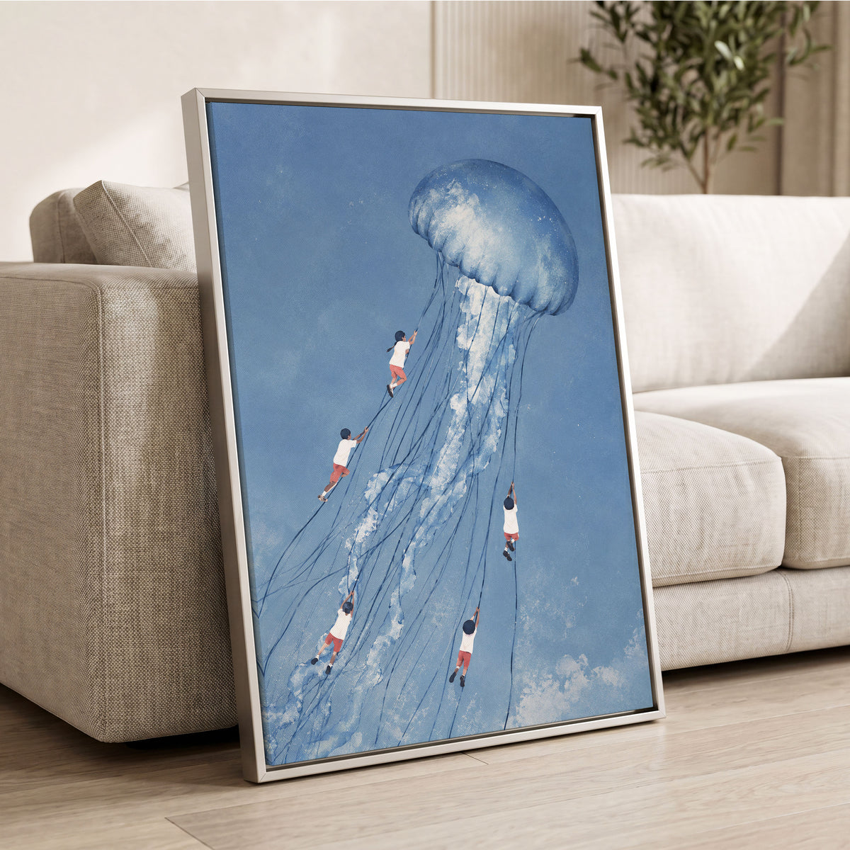 Jellyfish Skyride, blue, white, pink nature wall art displayed in a styled interior, gallery view 8