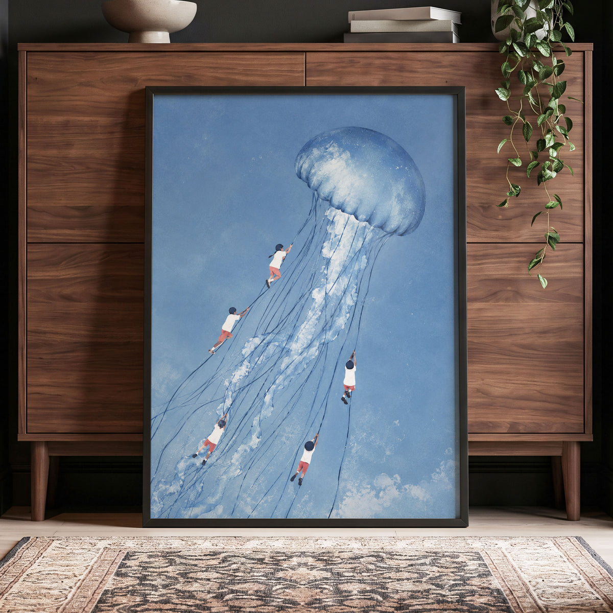 Jellyfish Skyride, blue, white, pink nature wall art displayed in a styled interior, gallery view 9