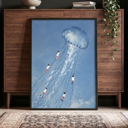 Jellyfish Skyride, blue, white, pink nature wall art displayed in a styled interior, gallery view 9