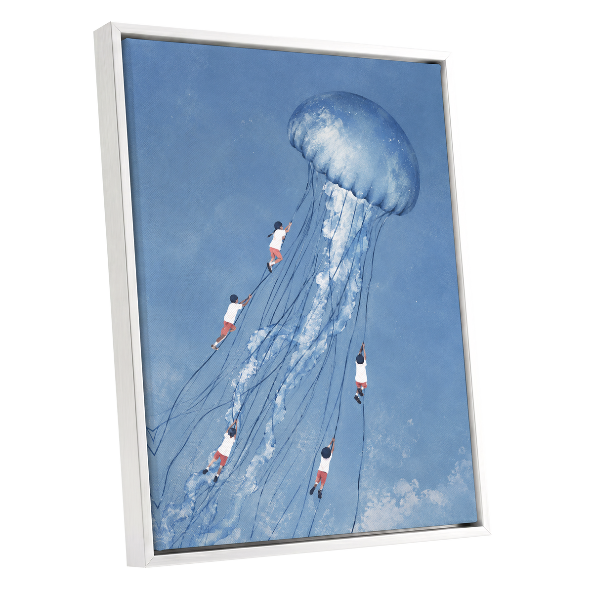 Jellyfish Skyride, blue, white, pink nature wall art shown as a white framed canvas wall art