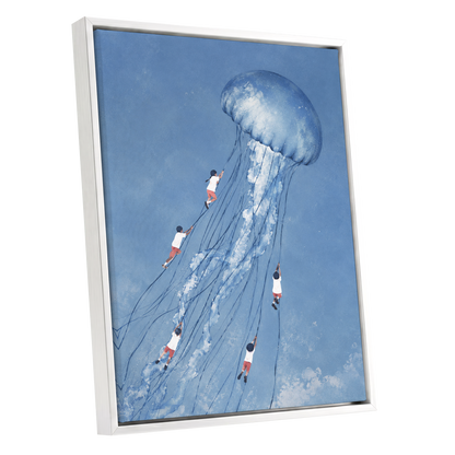 Jellyfish Skyride, blue, white, pink nature wall art shown as a white framed canvas wall art