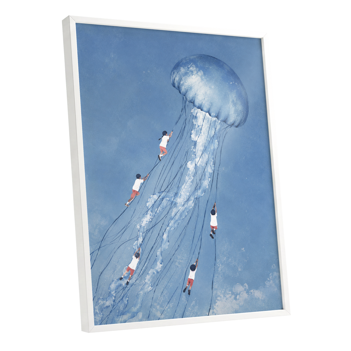 Jellyfish Skyride, blue, white, pink nature wall art shown as a white framed poster wall art print