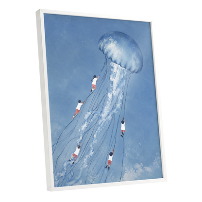 Jellyfish Skyride, blue, white, pink nature wall art shown as a white framed poster wall art print