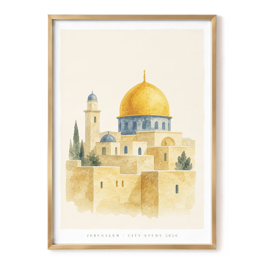 Jerusalem in Gold, beige, gold, blue minimalist wall art, front artwork view