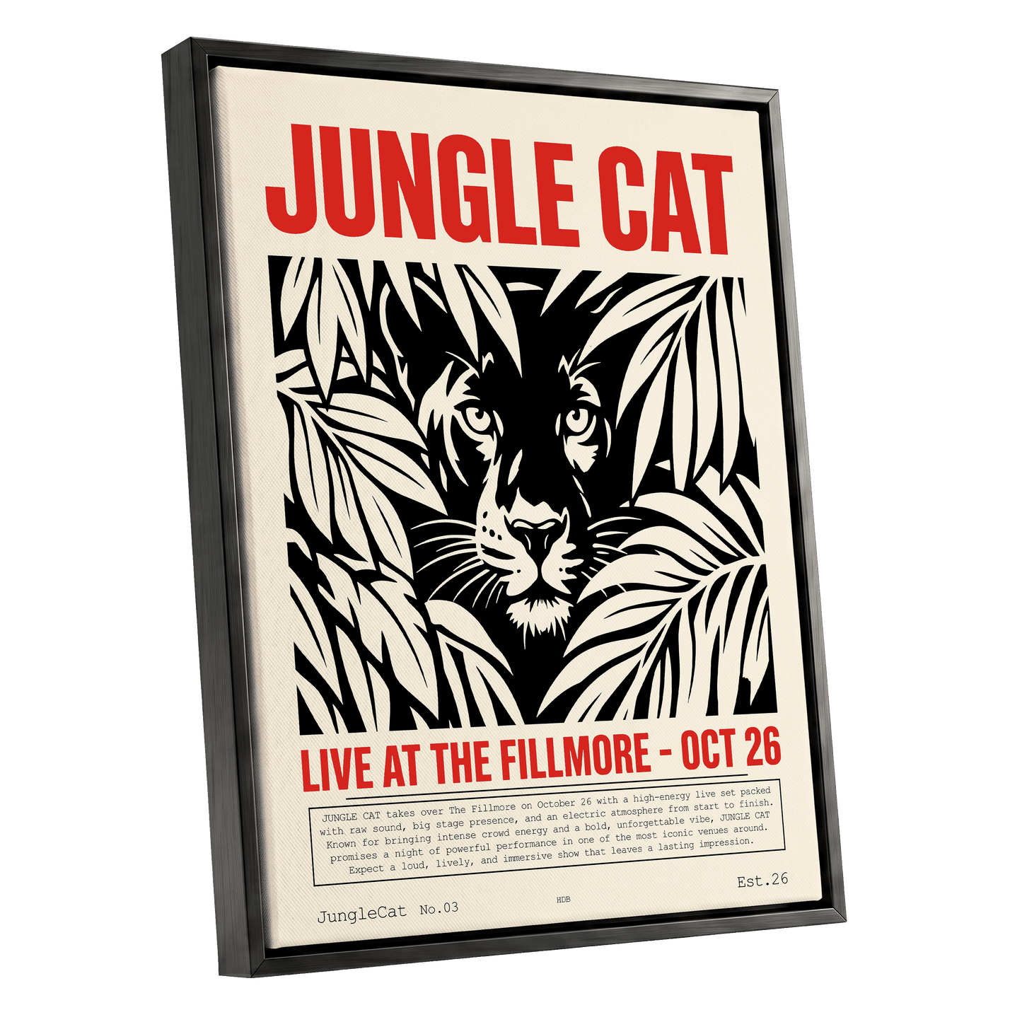 Jungle Cat Live, black, beige, red nature wall art shown as a black framed canvas wall art