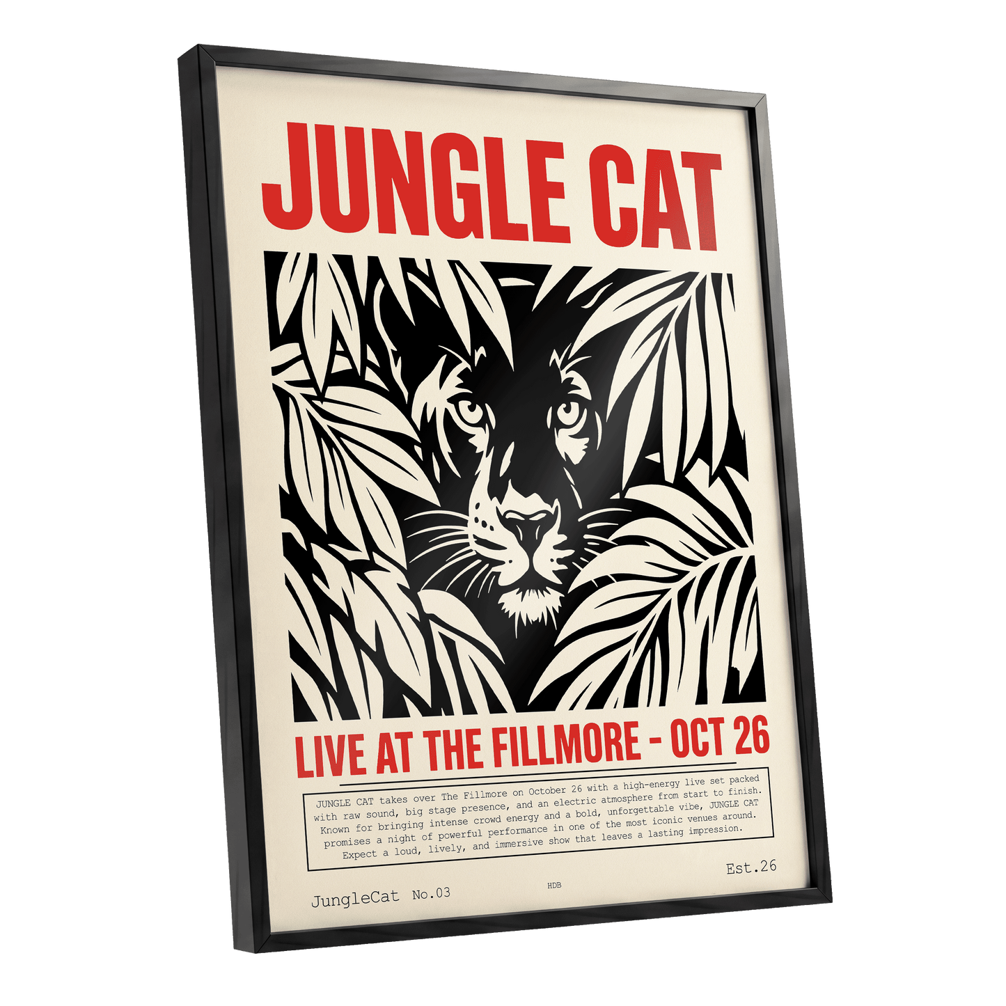 Jungle Cat Live, black, beige, red nature wall art shown as a black framed poster wall art print