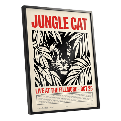 Jungle Cat Live, black, beige, red nature wall art shown as a black framed poster wall art print