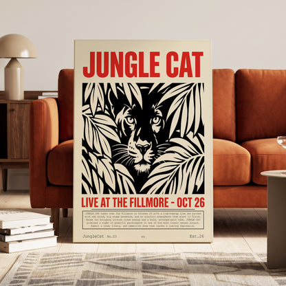 Jungle Cat Live, black, beige, red nature wall art on canvas displayed in a styled interior, gallery view 1