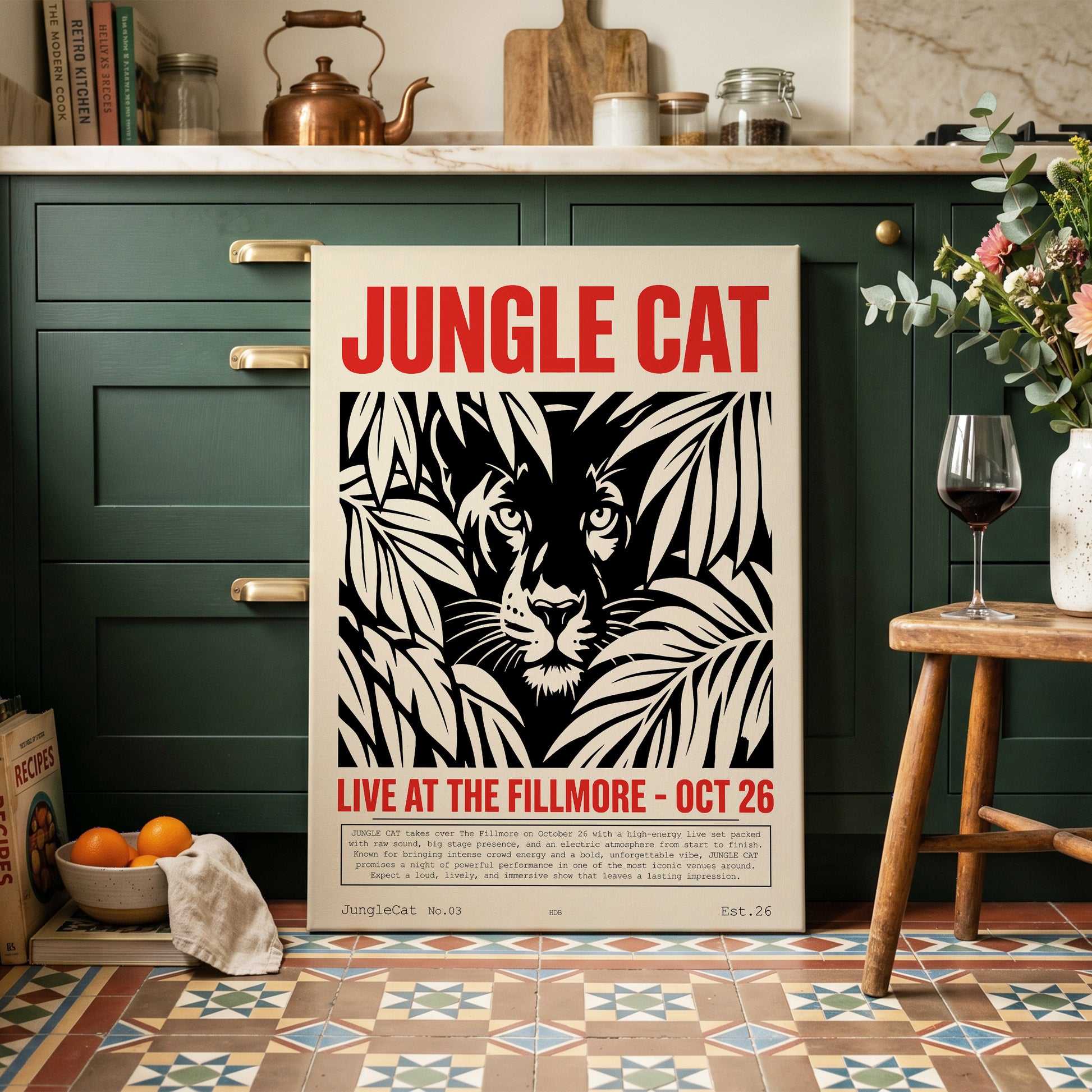Jungle Cat Live, black, beige, red nature wall art on canvas displayed in a styled interior, gallery view 2