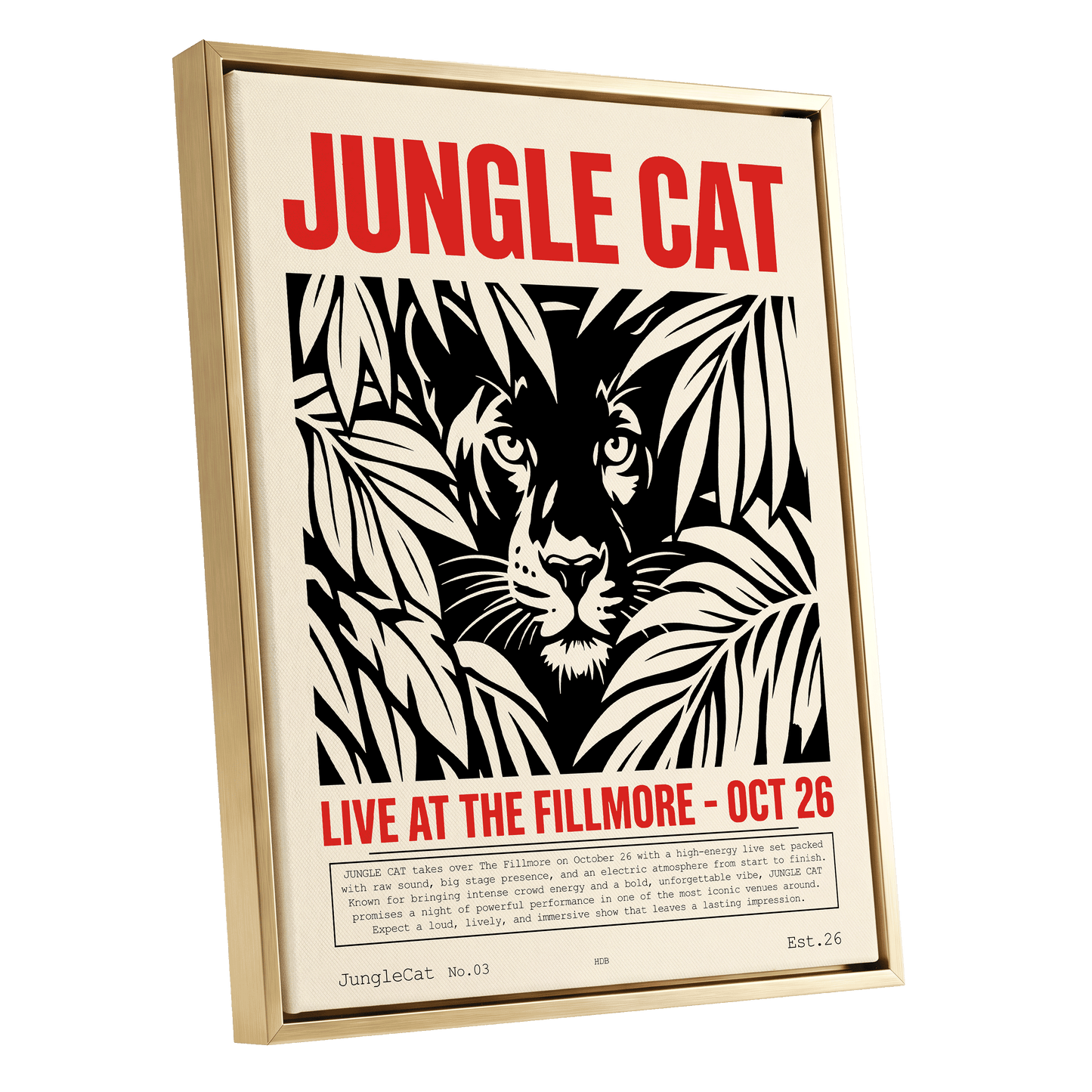 Jungle Cat Live, black, beige, red nature wall art shown as a gold framed canvas wall art