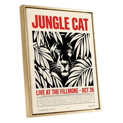 Jungle Cat Live, black, beige, red nature wall art shown as a gold framed canvas wall art