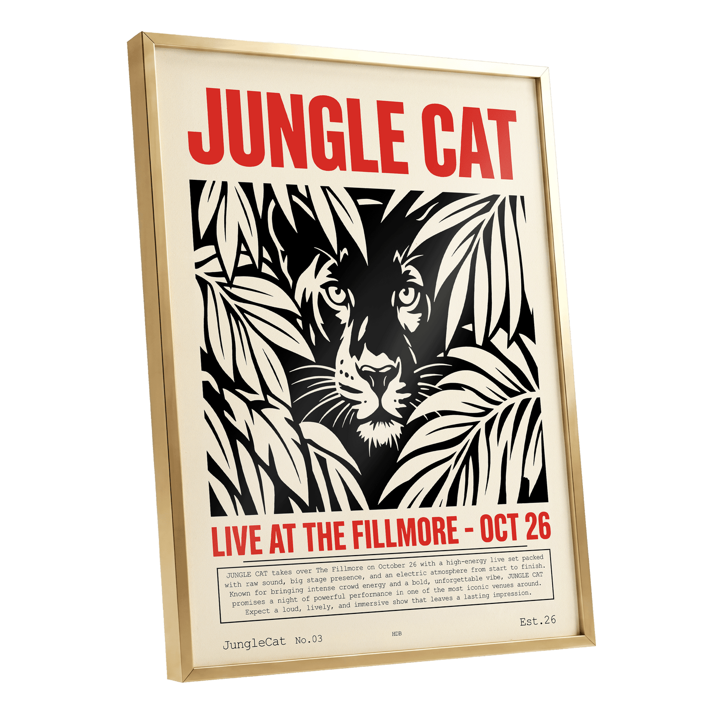 Jungle Cat Live, black, beige, red nature wall art shown as a gold framed poster wall art print