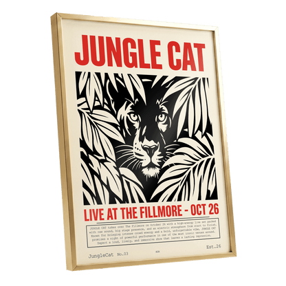 Jungle Cat Live, black, beige, red nature wall art shown as a gold framed poster wall art print