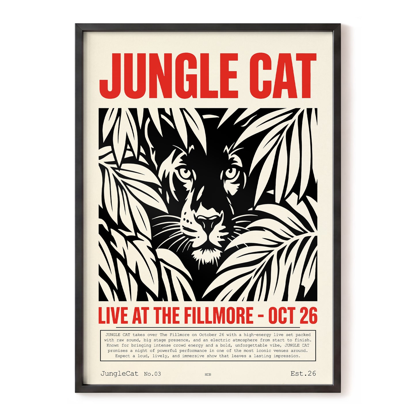 Jungle Cat Live, black, beige, red nature wall art, front artwork view