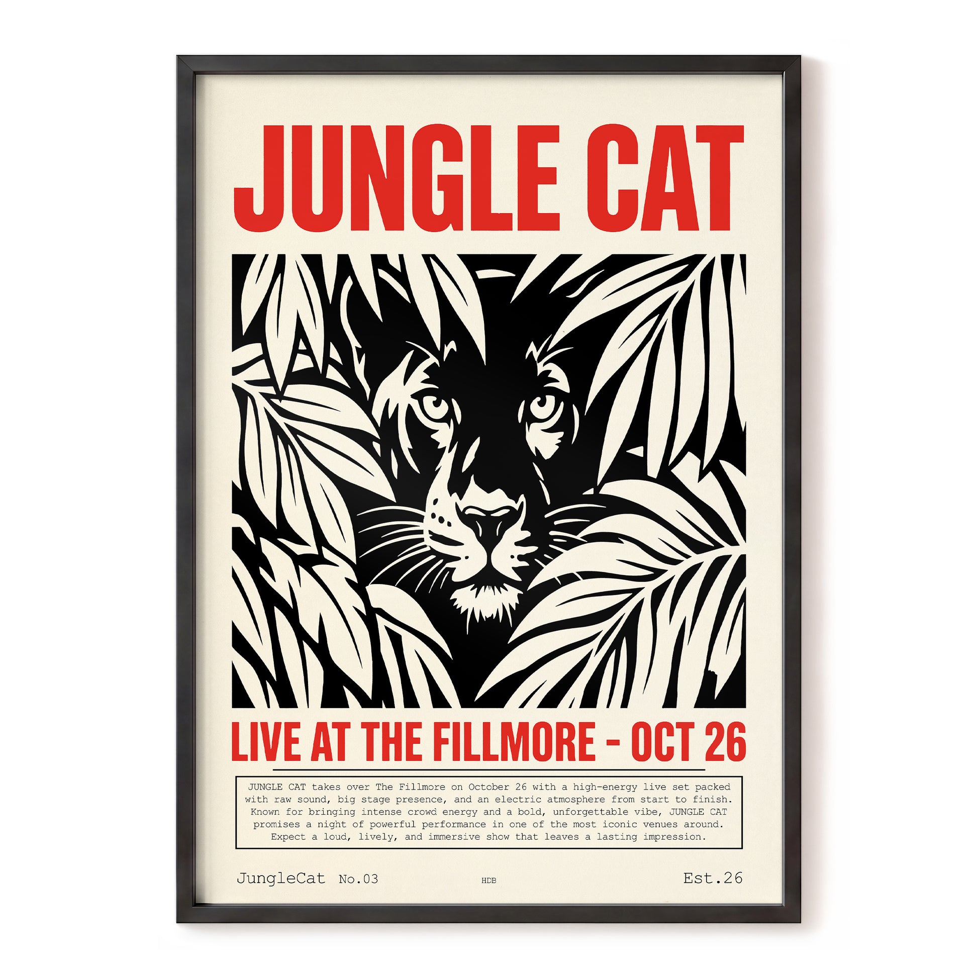 Jungle Cat Live, black, beige, red nature wall art, front artwork view