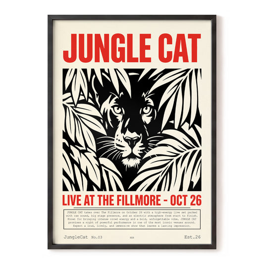 Jungle Cat Live, black, beige, red nature wall art, front artwork view