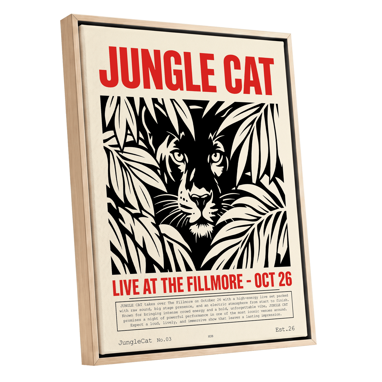 Jungle Cat Live, black, beige, red nature wall art shown as a oak framed canvas wall art