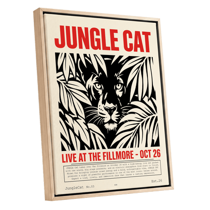 Jungle Cat Live, black, beige, red nature wall art shown as a oak framed canvas wall art